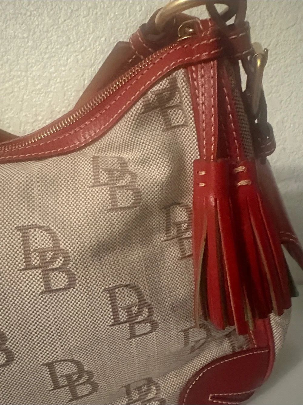 Dooney & Bourke Beige Logo Canvas Hobo with Red Trim
